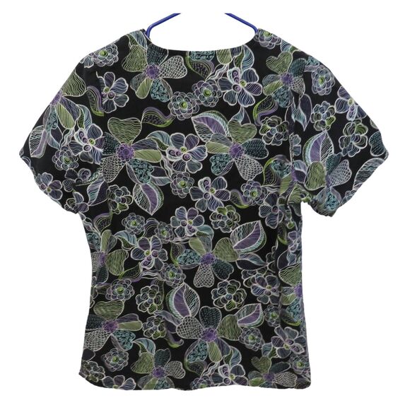 Black Tafford Scrub Top Women XS Green and Blue Floral Design, Large Pockets - Picture 4 of 8